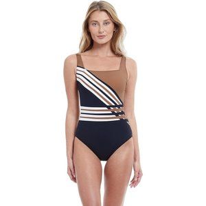 Gottex Women's Ocean Breeze Square Neck One Piece Swimsuit Brown Multi, 6 NWT